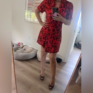 Fire red mini jumpsuit shorts with belt